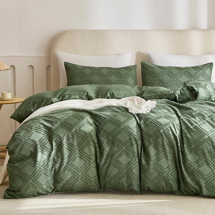 JELLYMONI Grünes Bettbezug-Set, Queen-Size-Grösse, Mikrofaser, getuftet, Boho-Struktur, Jacquard-Rau