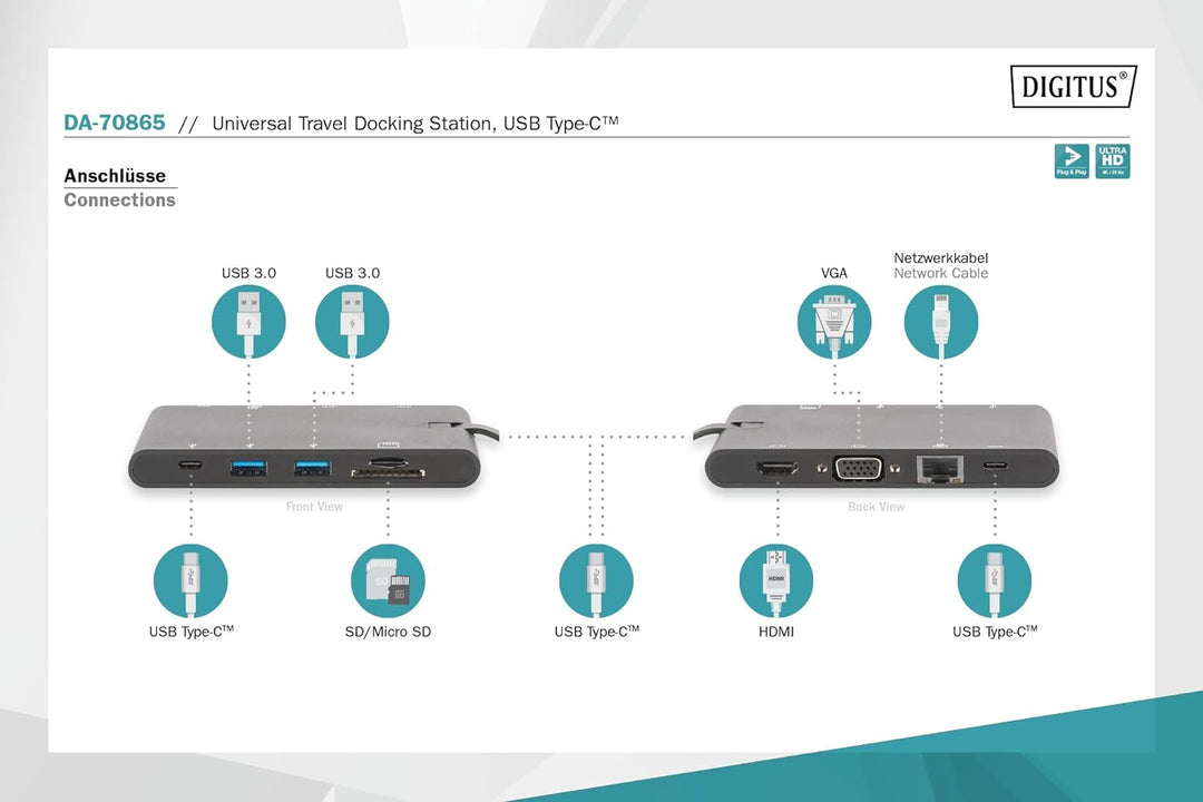 DIGITUS USB-C Travel Docking Station – 9 Ports – 1x HDMI, 1x VGA (4K@30Hz) – 2x USB 3.0 / USB 2.0, 2