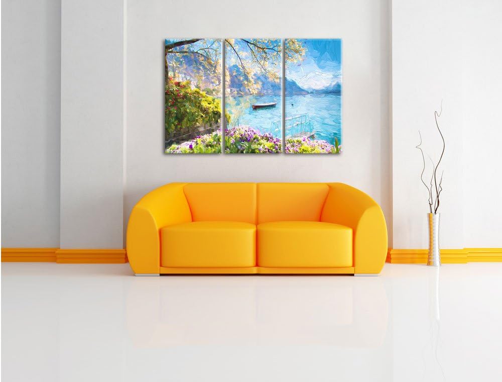 Pixxprint Genfer See im Sonnenschein Kunst Pinsel Effekt 3-Teiler Leinwandbild 120x80 Bild auf Leinw