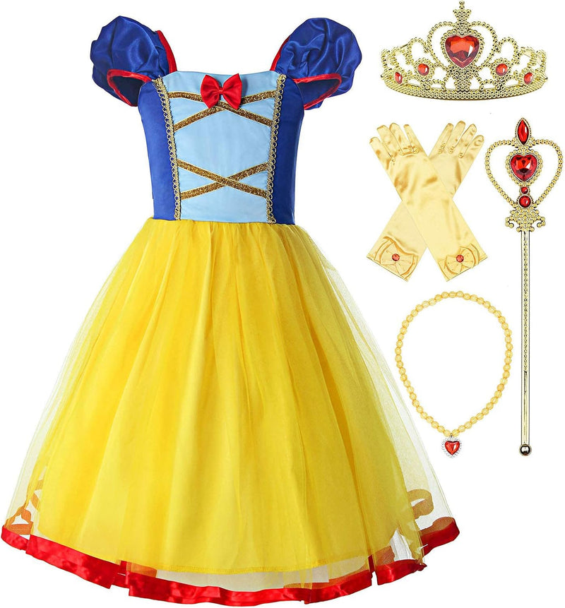 ReliBeauty Mädchen Elastische Taille Rückenfreie Prinzessin Schneewittchen Kleid Kostüm, Gelb, mit Z