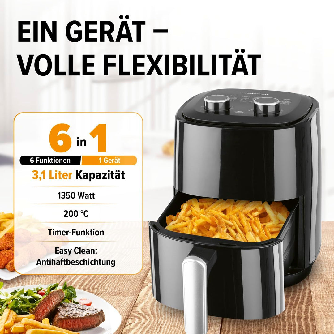 GOURMETmaxx Heissluftfritteuse 3,1L | Airfryer mit 60 Minuten Timer und 6 Funktionen inkl. Auftauen