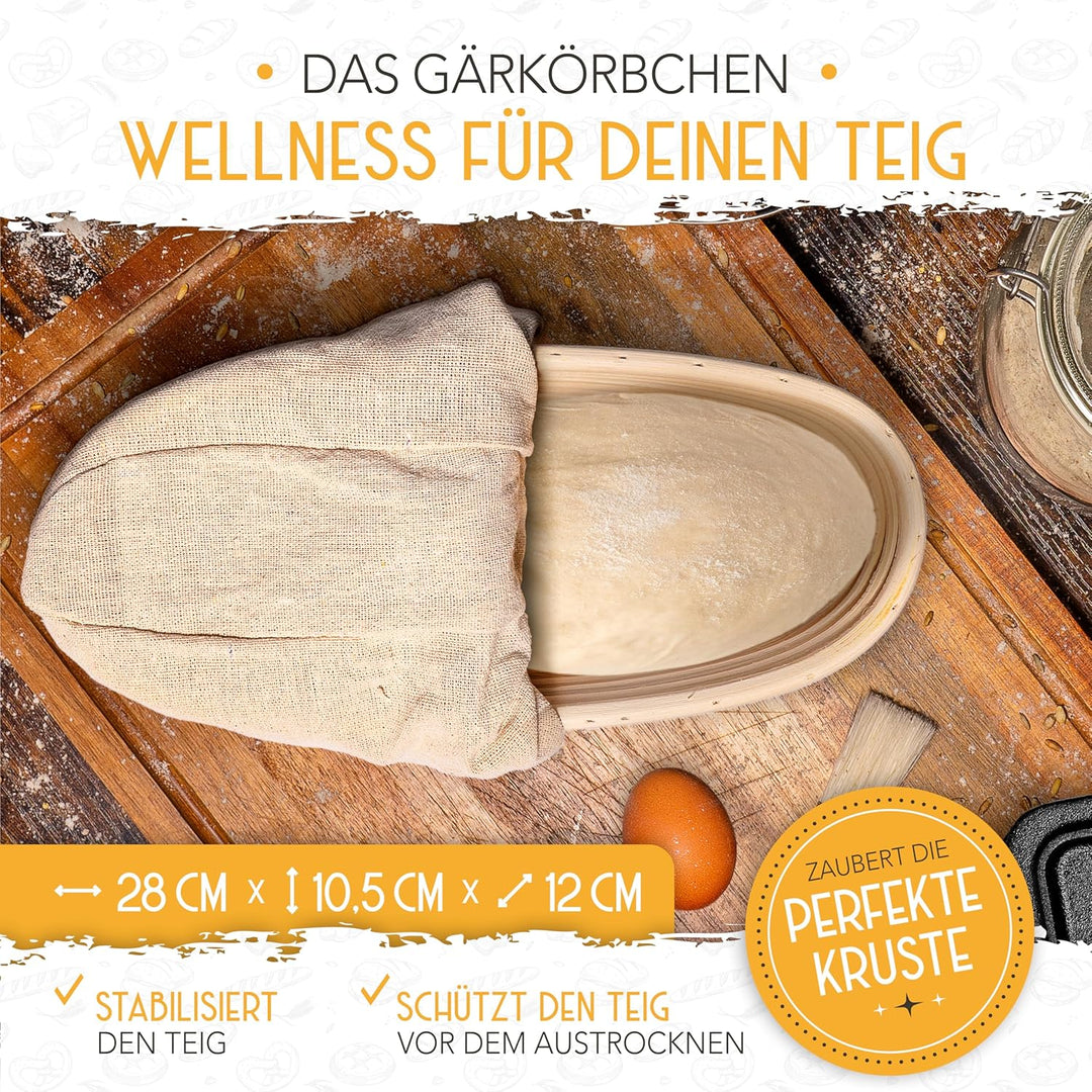 KRUSTENZAUBER Emaille Brotbackfrom mit Deckel inkl. Gärkorb - Robuste 28cm Backform aus Gusseisen -