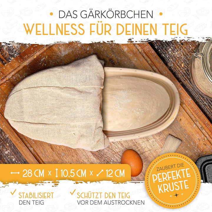 KRUSTENZAUBER Emaille Brotbackfrom mit Deckel inkl. Gärkorb - Robuste 28cm Backform aus Gusseisen -
