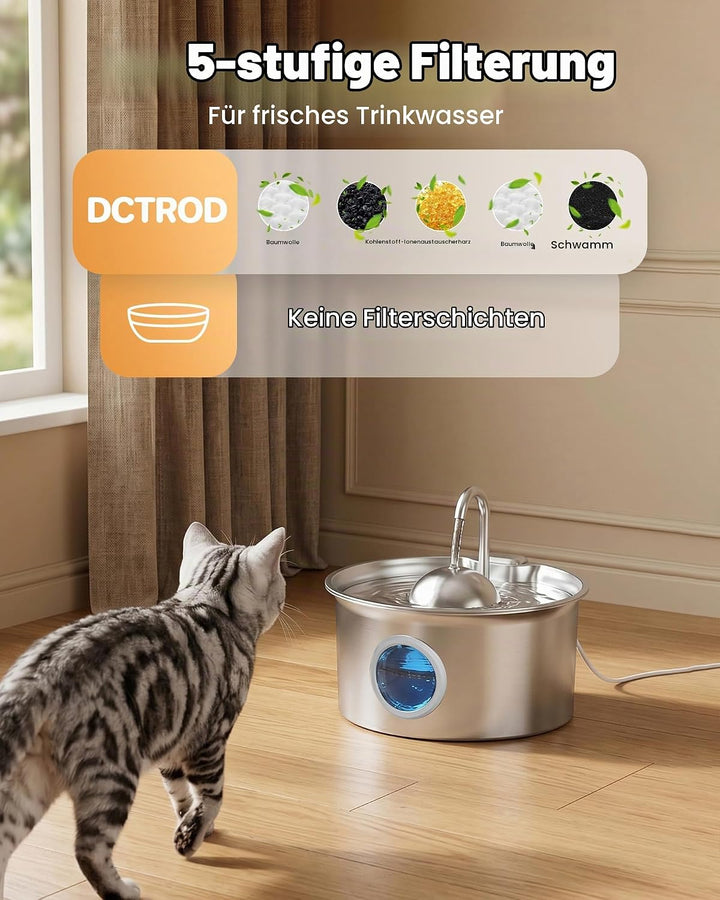 Katzenbrunnen Edelstahl Trinkbrunnen für Katze: Katzen Trinkbrunnen - 2.6L Wasserbrunnen für Katzen