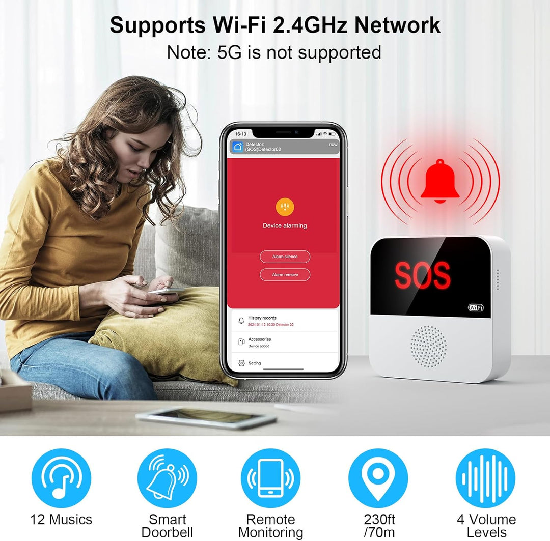 Chatthen Notrufknopf für Senioren, Tuya WiFi Alarmanlage Haus, Senioren Notruf Empfänger*1+Ruftaste*