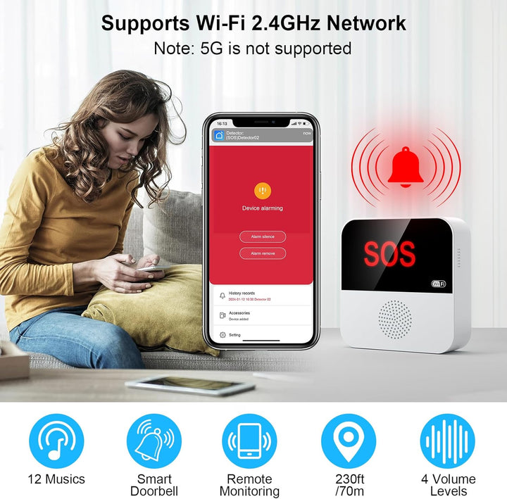 Chatthen Notrufknopf für Senioren, Tuya WiFi Alarmanlage Haus, Senioren Notruf Empfänger*1+Ruftaste*