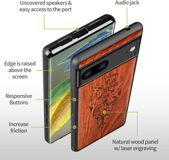 Carveit Holz Handyhülle für Google Pixel 7a Cover [Einzigartiges Design Case] Stossstange hülle Komp