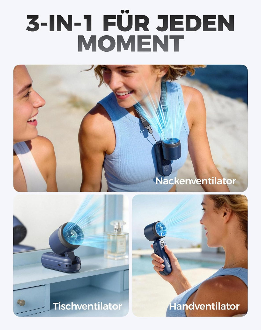 Diveblues 3-in-1 Handventilator Turbo Ventilator mit 4000mAh USB-Akku Aufladbar, 5 Stufen, Faltbar T