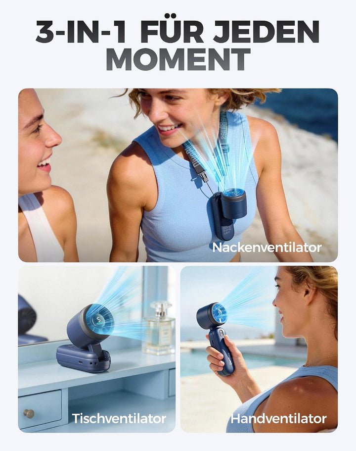 Diveblues 3-in-1 Handventilator Turbo Ventilator mit 4000mAh USB-Akku Aufladbar, 5 Stufen, Faltbar T
