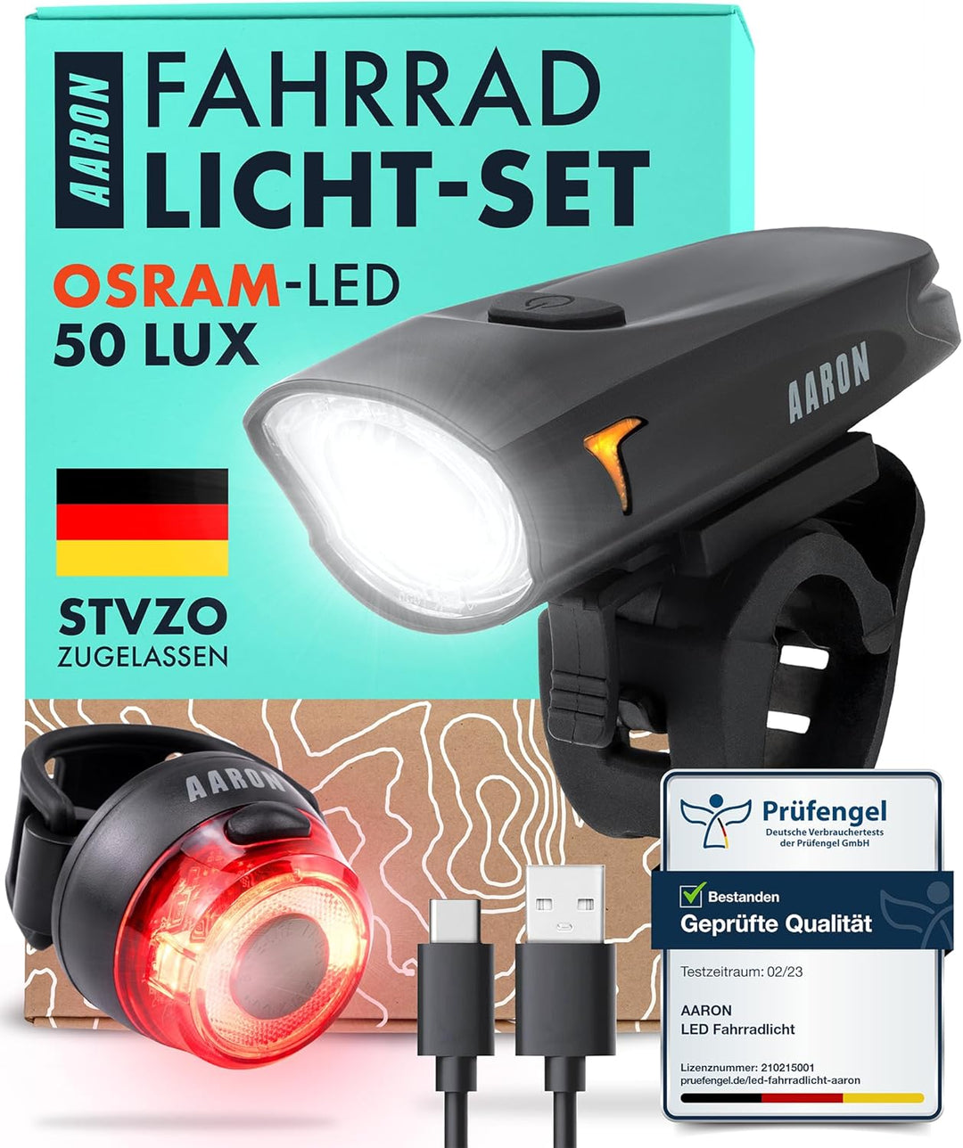 AARON 100 LUX Fahrradlichter Set (9h Leuchtdauer), StVZO zugelassen, 2000 mAh Akku Fahrrad Licht Set