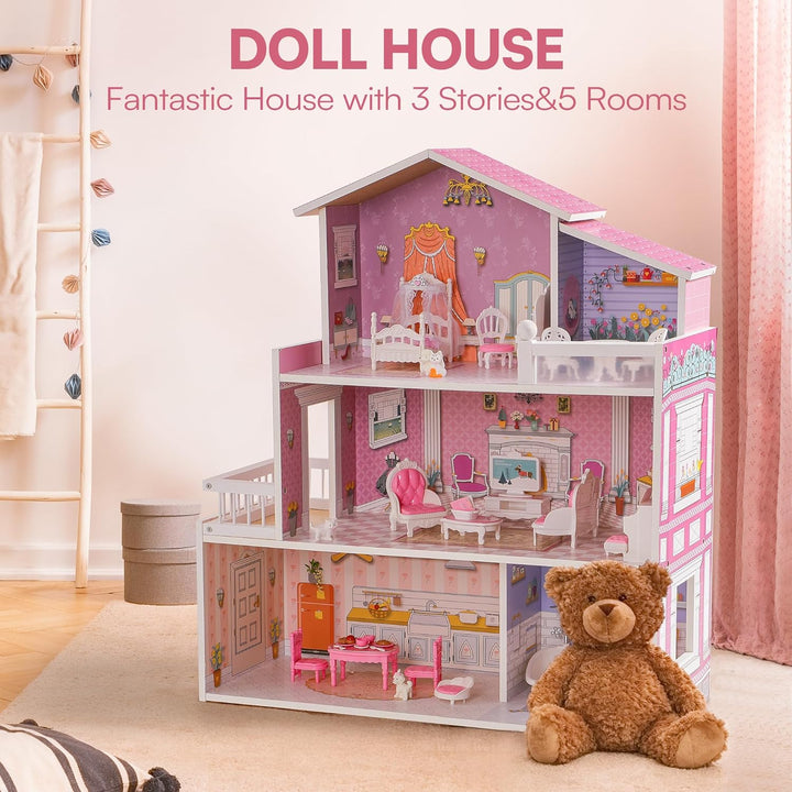 ROBUD hölzernes Puppenhaus Spielset, 3 Geschichten, 5 Zimmer, 24 PCS Möbel, vorgeben Spiel Spielzeug