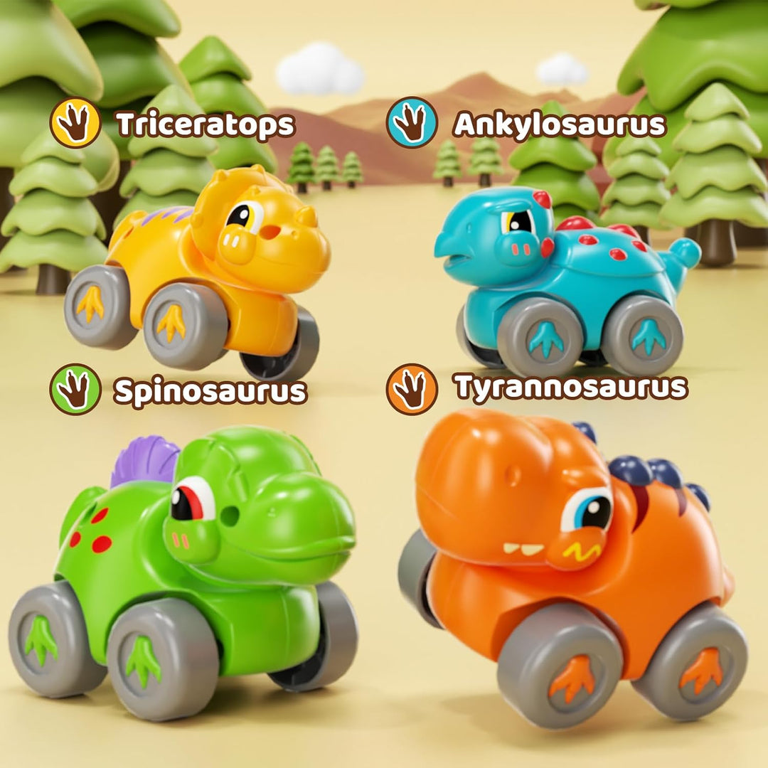 Lehoo Castle Kinderspielzeug ab 1 Jahr, Geschenk für Jungen Mädchen | 4 Dinosaurier Autos mit Parkpl