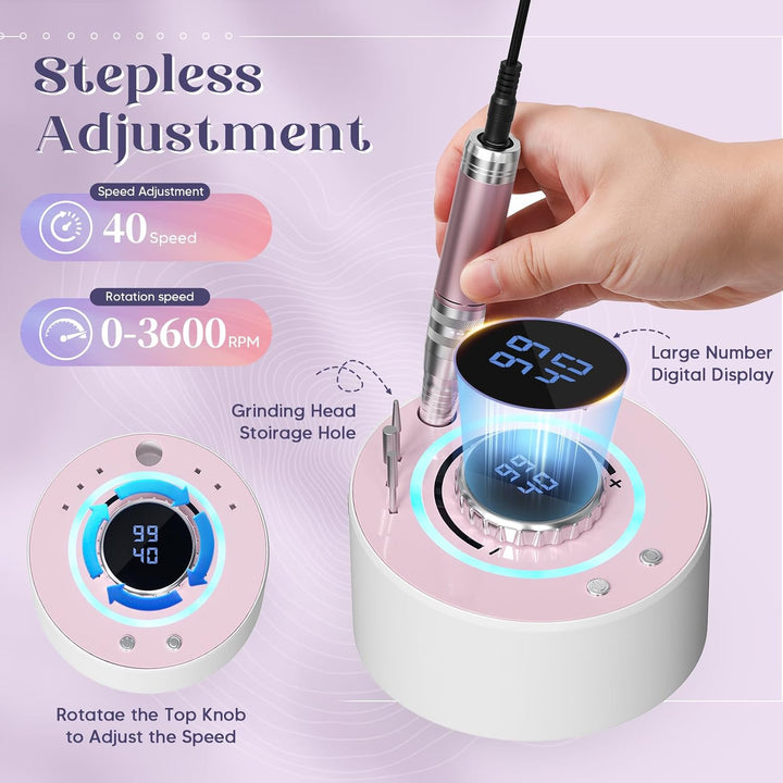 Professionelles Elektrisches Nagelpoliergerät 36000 U/min, 4000mAh kabellos, leise 20dB mit 12 Aufsä