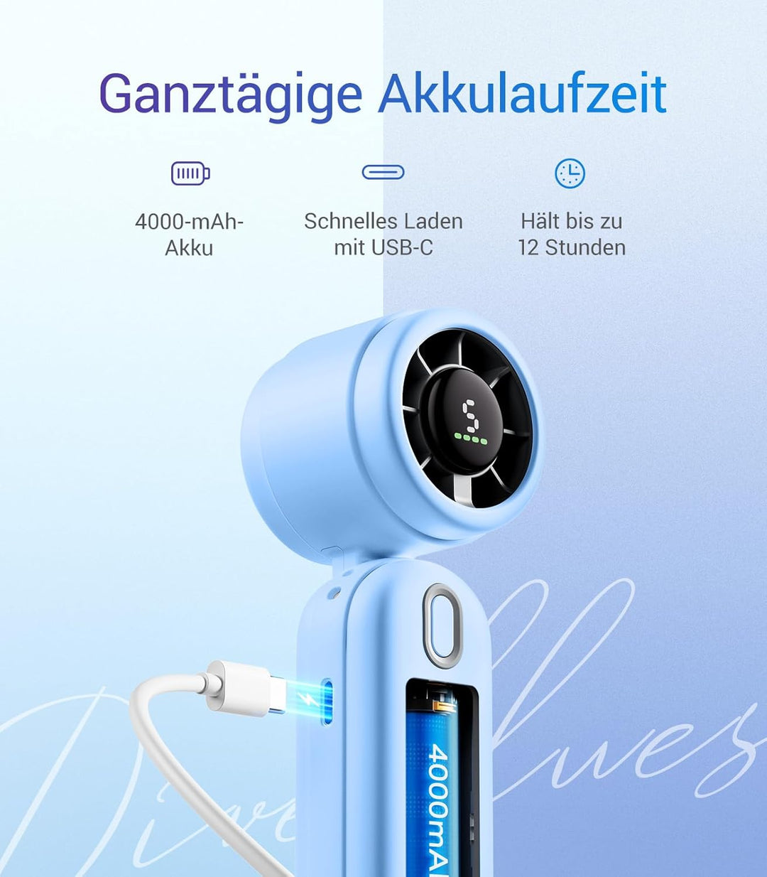 Diveblues 3-in-1 Handventilator Turbo Ventilator mit 4000mAh USB-Akku Aufladbar, 5 Stufen, Faltbar T
