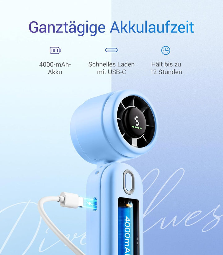 Diveblues 3-in-1 Handventilator Turbo Ventilator mit 4000mAh USB-Akku Aufladbar, 5 Stufen, Faltbar T
