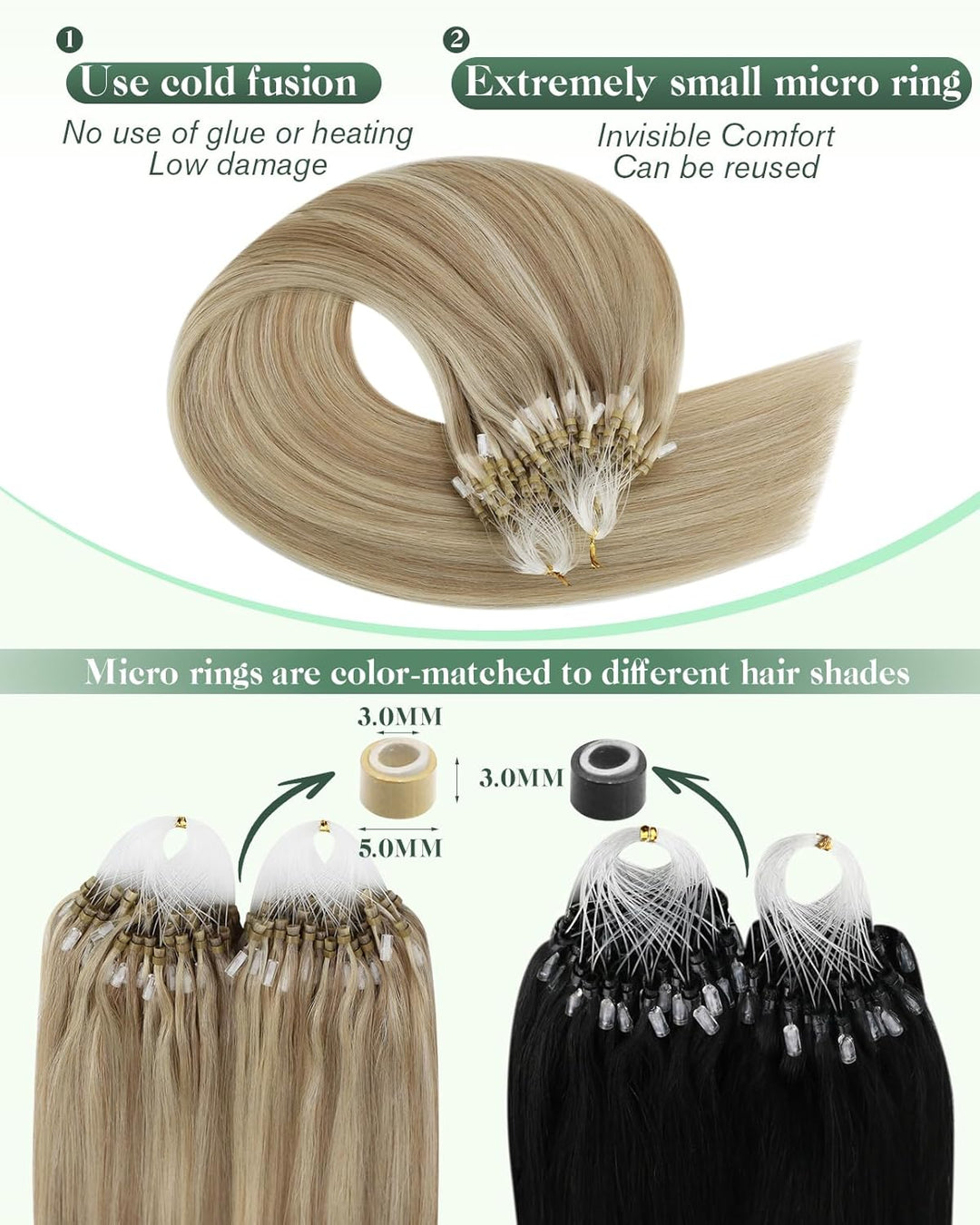 Ugeat Cold Fusion Microring Extensions Echthaar 50Gramm 45cm Haarverlängerung mit Microring Extensio