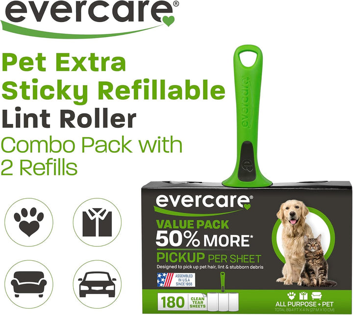 Evercare Pet Extra Sticky Nachfüllbare Fusselrolle Combo Pack mit 2 Nachfüllpackungen 180 Sheets, 18