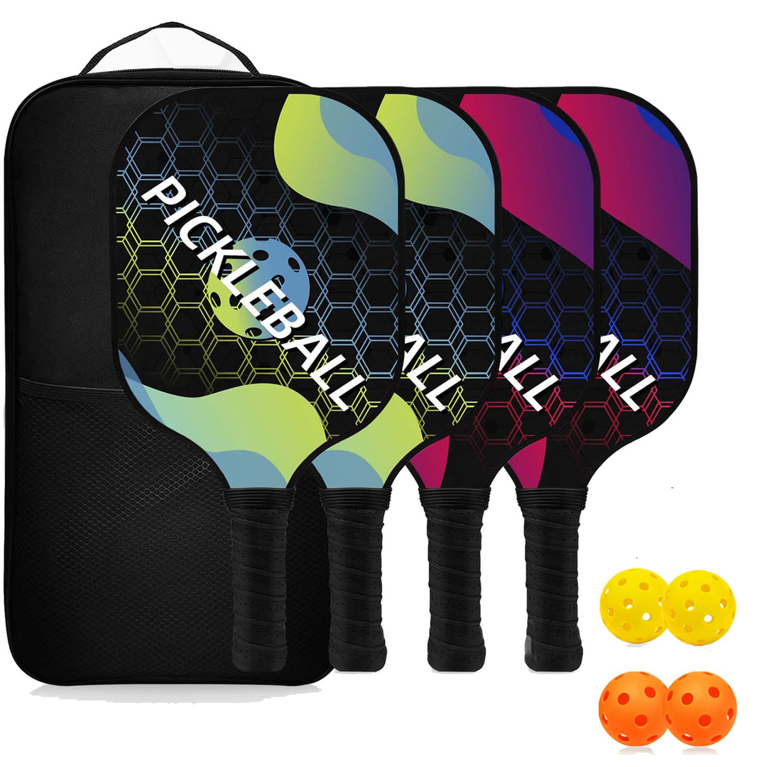 Pickleball Set, Fiberglas Pickleball Schläger Paddle Set mit 2/4 Schlägern, 4 Bällen & 1 Tragetasche