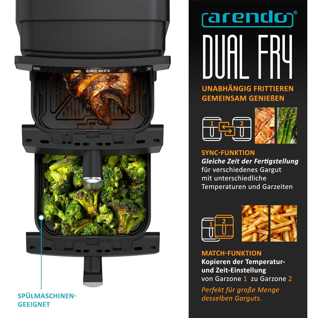 Arendo - Heissluftfritteuse Dual Zone Doppelkammer – XXL 11L Kapazität – 2 Kammern 2 Zonen – Airfrye