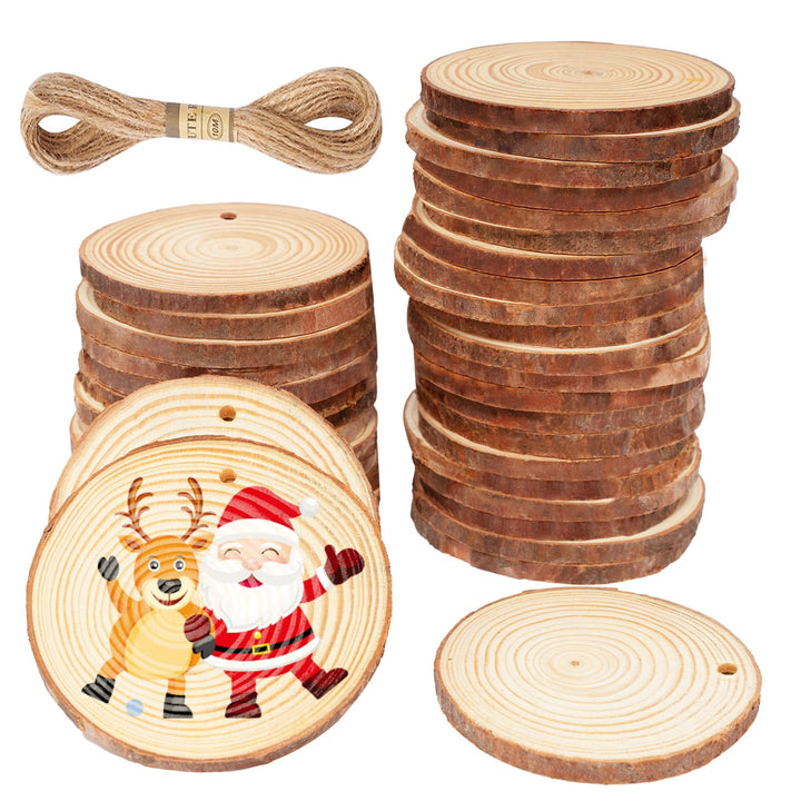 CUWELT 42 Stück Holzscheiben mit Loch, 7-8CM Holz Log Scheiben mit 10m Jute Schnur, Baumscheiben Run