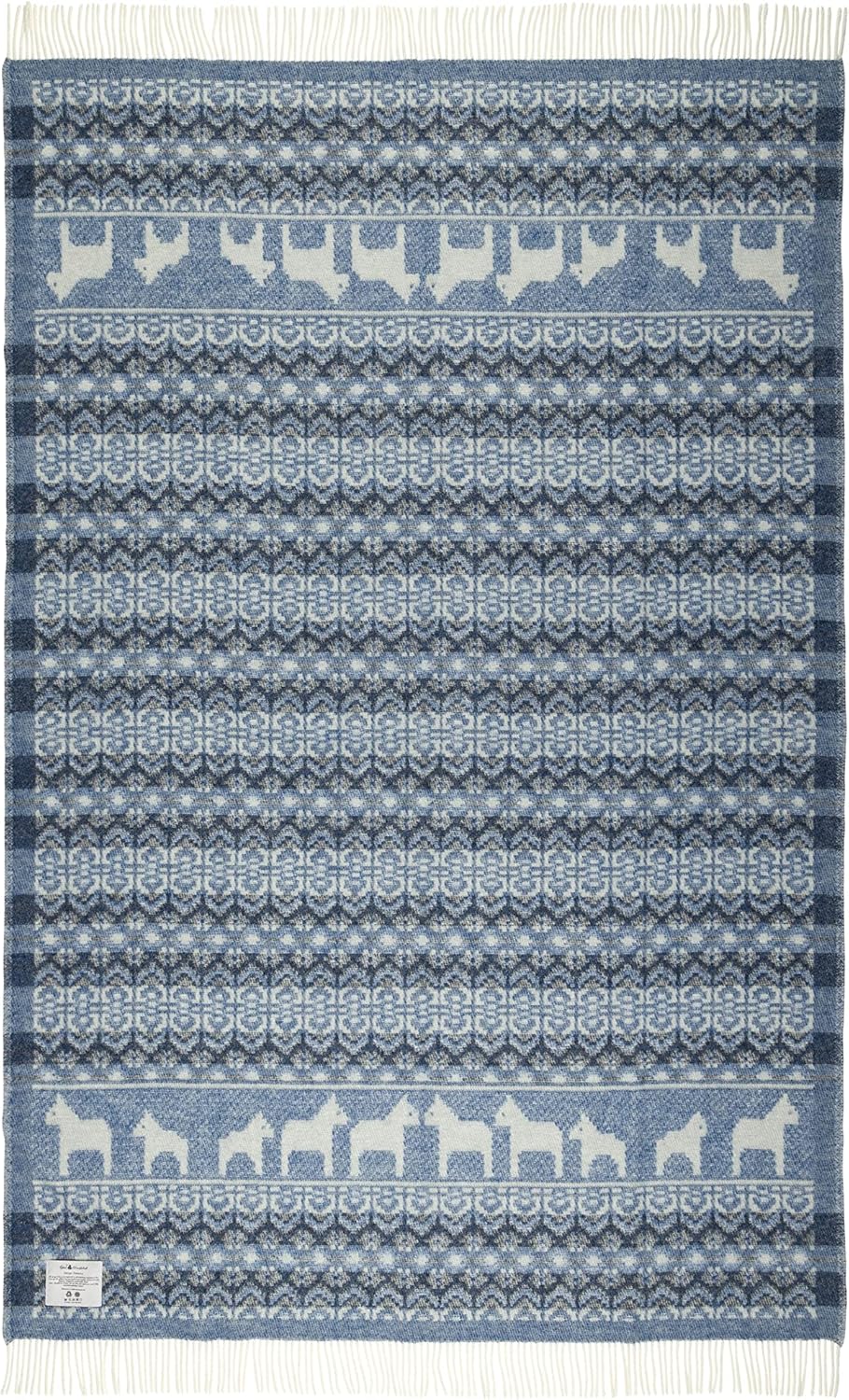 "Dalarna Blå gewebte Wolldecke mit Fransen 130x200 cm Natur/blau/schwarz 100% Schafwolle Strick-Plai