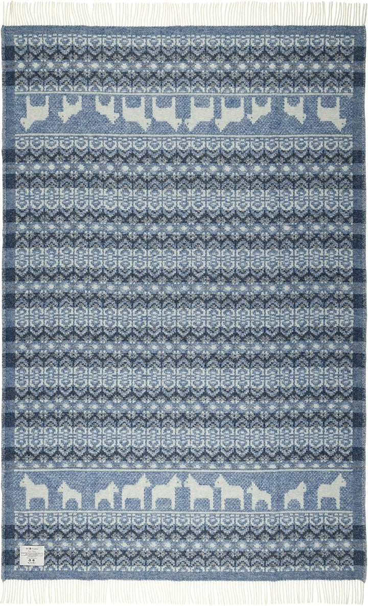 "Dalarna Blå gewebte Wolldecke mit Fransen 130x200 cm Natur/blau/schwarz 100% Schafwolle Strick-Plai
