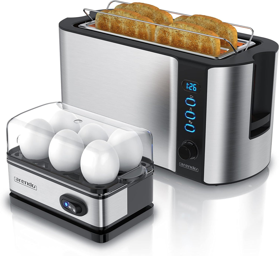 Arendo - SET Eierkocher SIXCOOK mit Toaster FRUKOST Edelstahl Silber, Toaster 4 Scheiben, LED-Displa