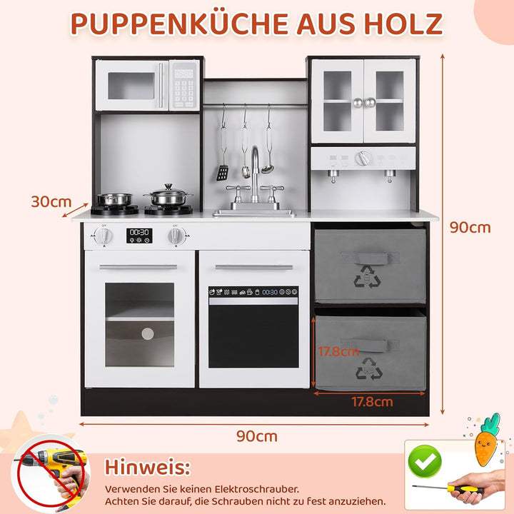 MAMIZO Kinderküche Holz, Spielküche mit Licht und Sound, Puppenküche Holz für Kinder, 90x30x90 cm ki