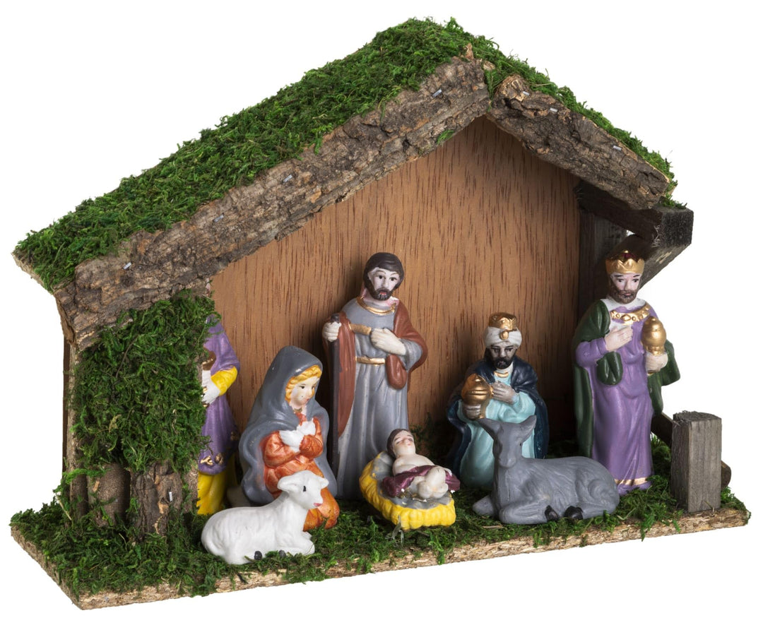 Dekoleidenschaft Weihnachtskrippe aus Holz, Holzkrippe mit Moos + 8 Krippenfiguren aus Porzellan, We
