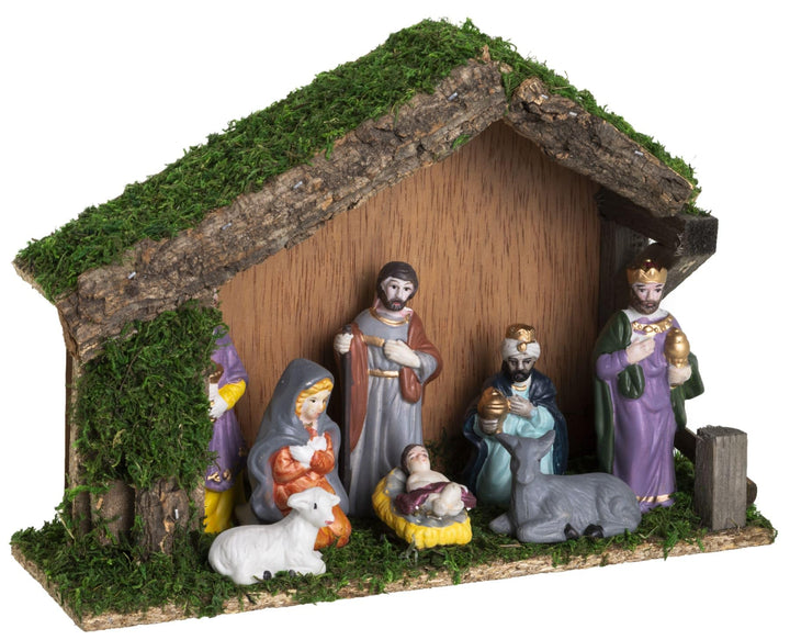 Dekoleidenschaft Weihnachtskrippe aus Holz, Holzkrippe mit Moos + 8 Krippenfiguren aus Porzellan, We