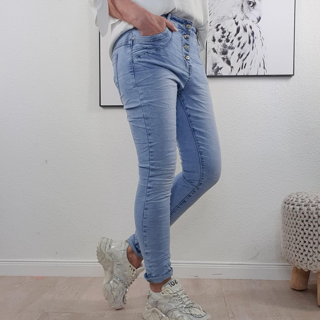 Jewelly Damen Boyfriend Stretch Jeans| Denim Hose für Frauen| 5-Pocket Bagggy Pants XS Light Wash, X