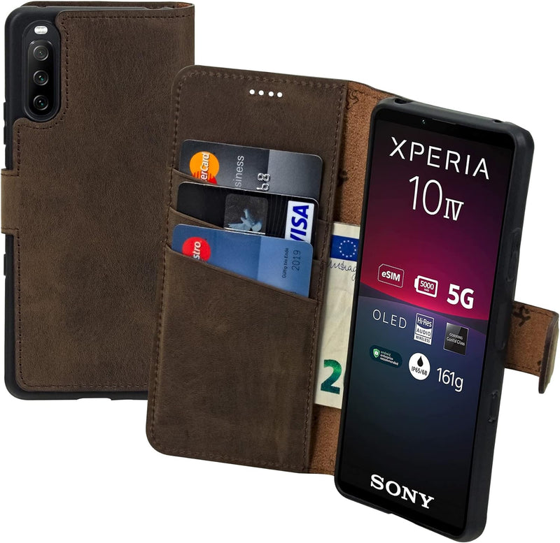 Suncase Book-Style Hülle kompatibel mit Sony Xperia 10 IV (2022) Leder Tasche (Slim-Fit) Lederhülle