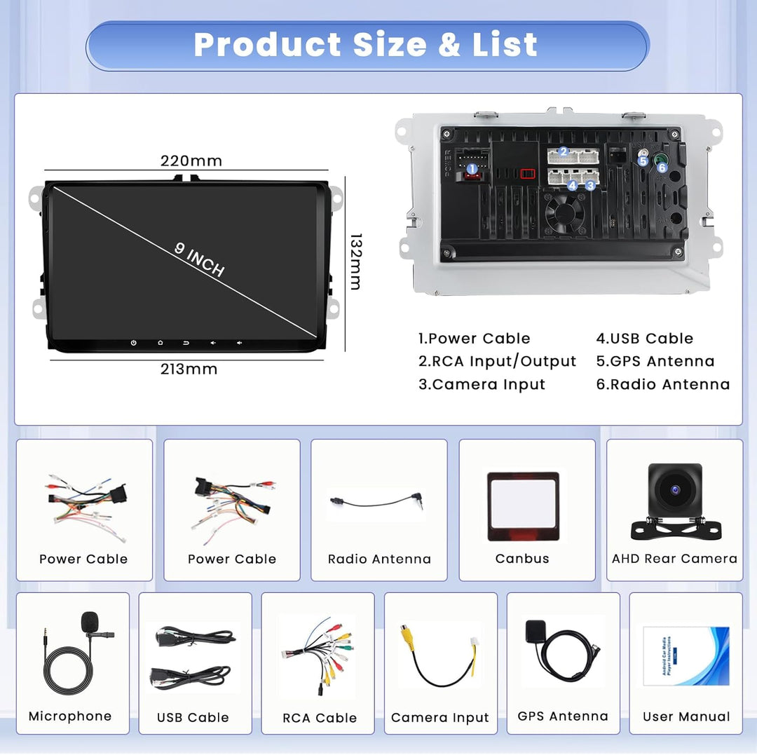 Hikity 8 core 4+64GB Android 15 Autoradio für VW Golf 5 6 Passat Polo Tiguan Touran Caddy Skoda, 9"
