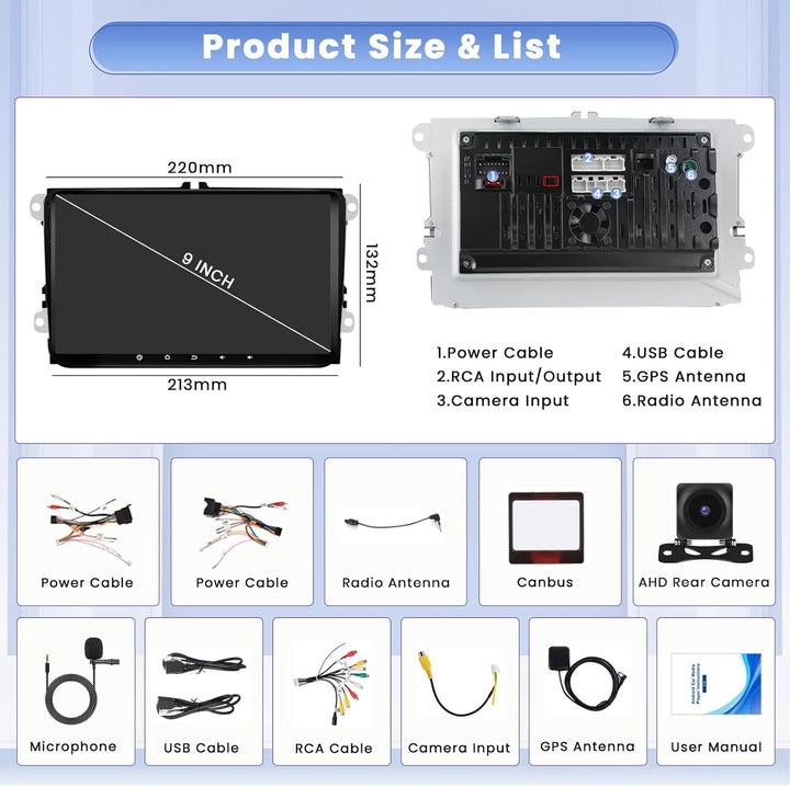 Hikity 8 core 4+64GB Android 15 Autoradio für VW Golf 5 6 Passat Polo Tiguan Touran Caddy Skoda, 9"