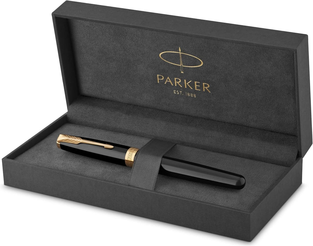Parker Sonnet Tintenroller | Schwarze Lackierung mit Goldzierteilen | feine Spitze | Schwarze Tinte