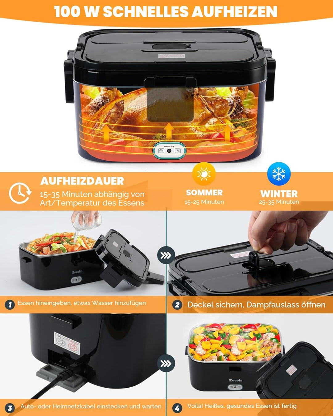 Eocolz Elektrische Lunchbox Food Heater 100W, Speisenwärmer mit Doppelbehälter 1,8L Tragbare Beheizt
