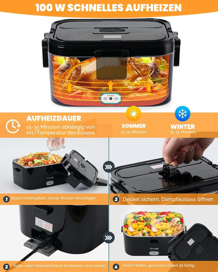Eocolz Elektrische Lunchbox Food Heater 100W, Speisenwärmer mit Doppelbehälter 1,8L Tragbare Beheizt
