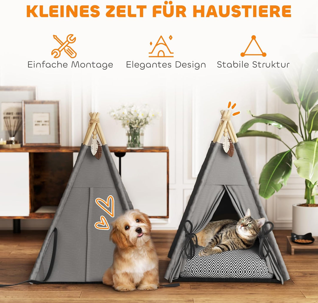 PawHut Tipi Zelt für Haustiere, Katzenzelt mit abnehmbar und waschbar Kissen, Katzenhaus mit rutschf