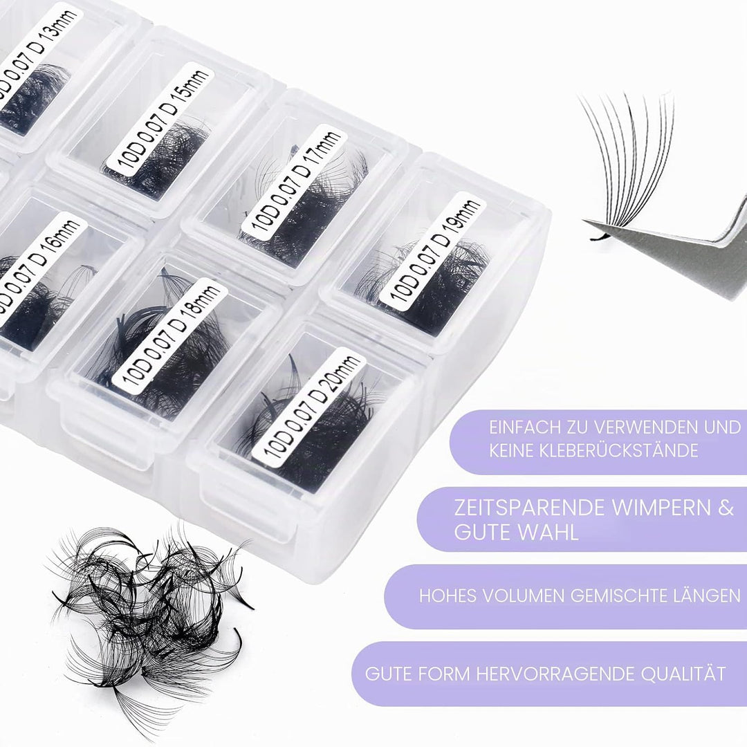 10D Gefächerte Volumen Wimpern 1200 Pcs Fertig Fächer Wimpernverlängerung C Curl 0.07mm 9-20mm Mixed