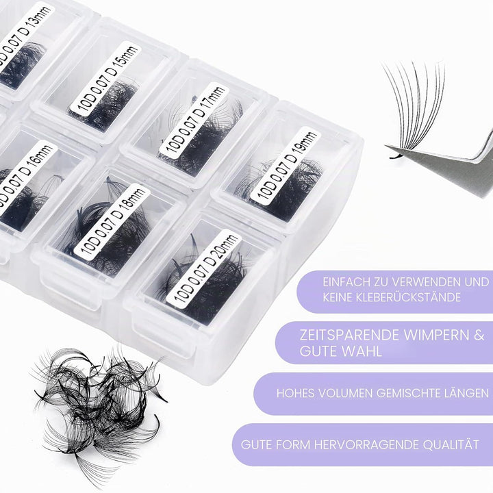 10D Gefächerte Volumen Wimpern 1200 Pcs Fertig Fächer Wimpernverlängerung C Curl 0.07mm 9-20mm Mixed