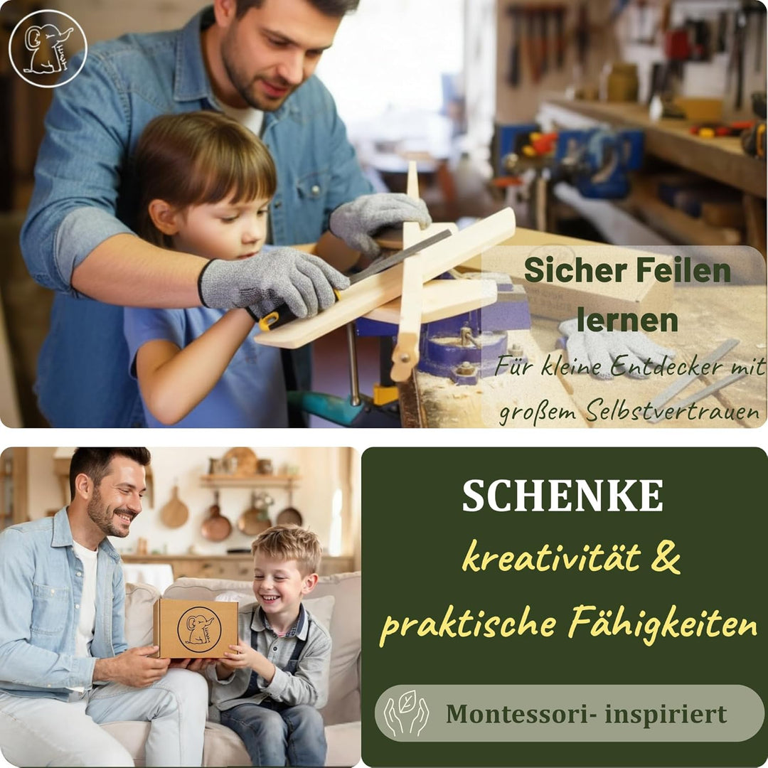Eli® 3 Holzfeilen Set + Säge für Kinder inkl Schutzhandschuhe - Holzraspel - Werkzeuge für Holz - ru