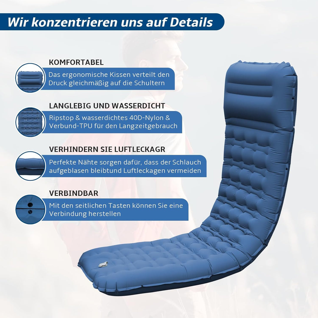 Aufblasbare Isomatte Camping mit Fusspumpe und Kopfkissen, 12 cm verdickt – Bequem, Ultraleicht, Kle