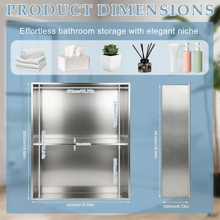 Wandnische Dusche 304 Edelstahl 48x40x12cm Badezimmer Lagerung Nische,Eingebettete Duschnische Doppe