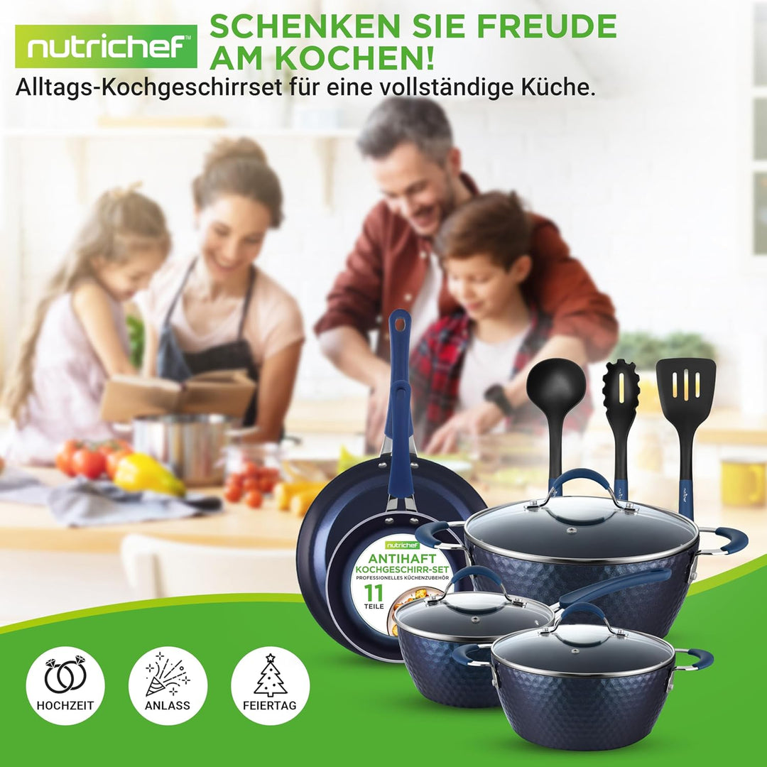 NutriChef Pfannenset & Topfset 11-teilig Antihaftbeschichtet – Kochtopf Set mit Durchsichtigen Decke