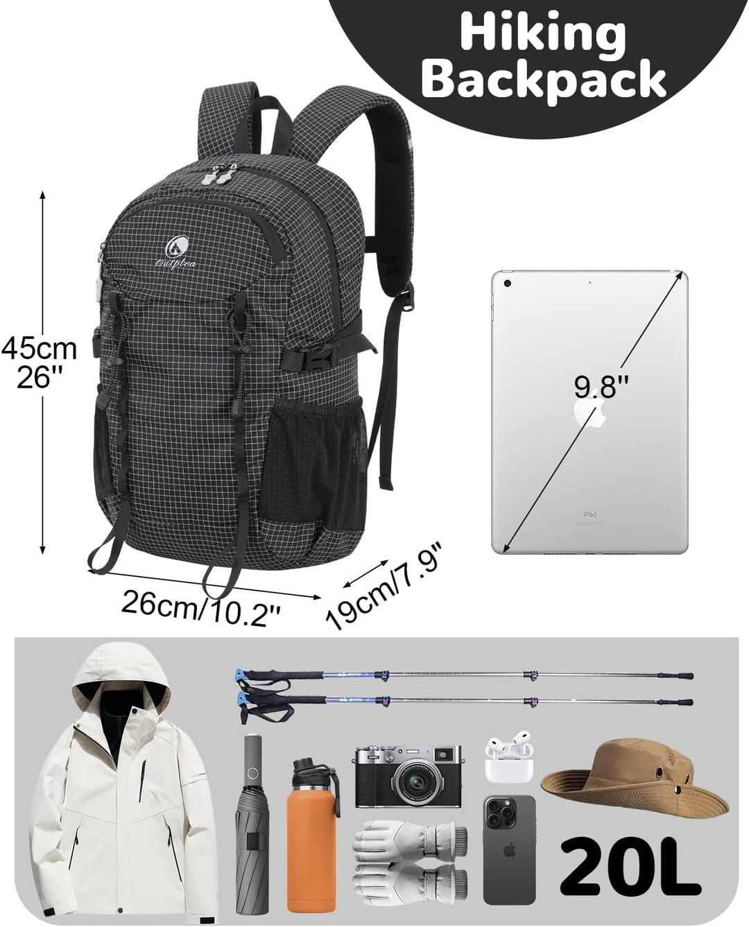 20L Klein Wanderrucksack Damen Herren, Leicht Tagesrucksack mit Rückenbelüftung 3D Air Mesh, Daypack