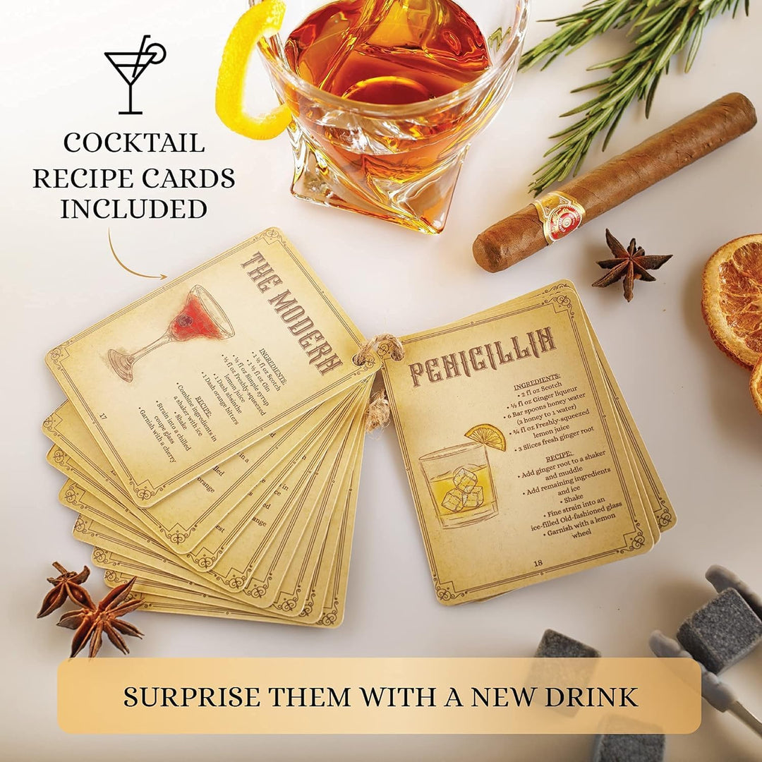 Whisky Geschenkset – Whiskey Gläser, Kugeln Steine und Untersetzer, Eiszange, Holzkiste, Geschichts-