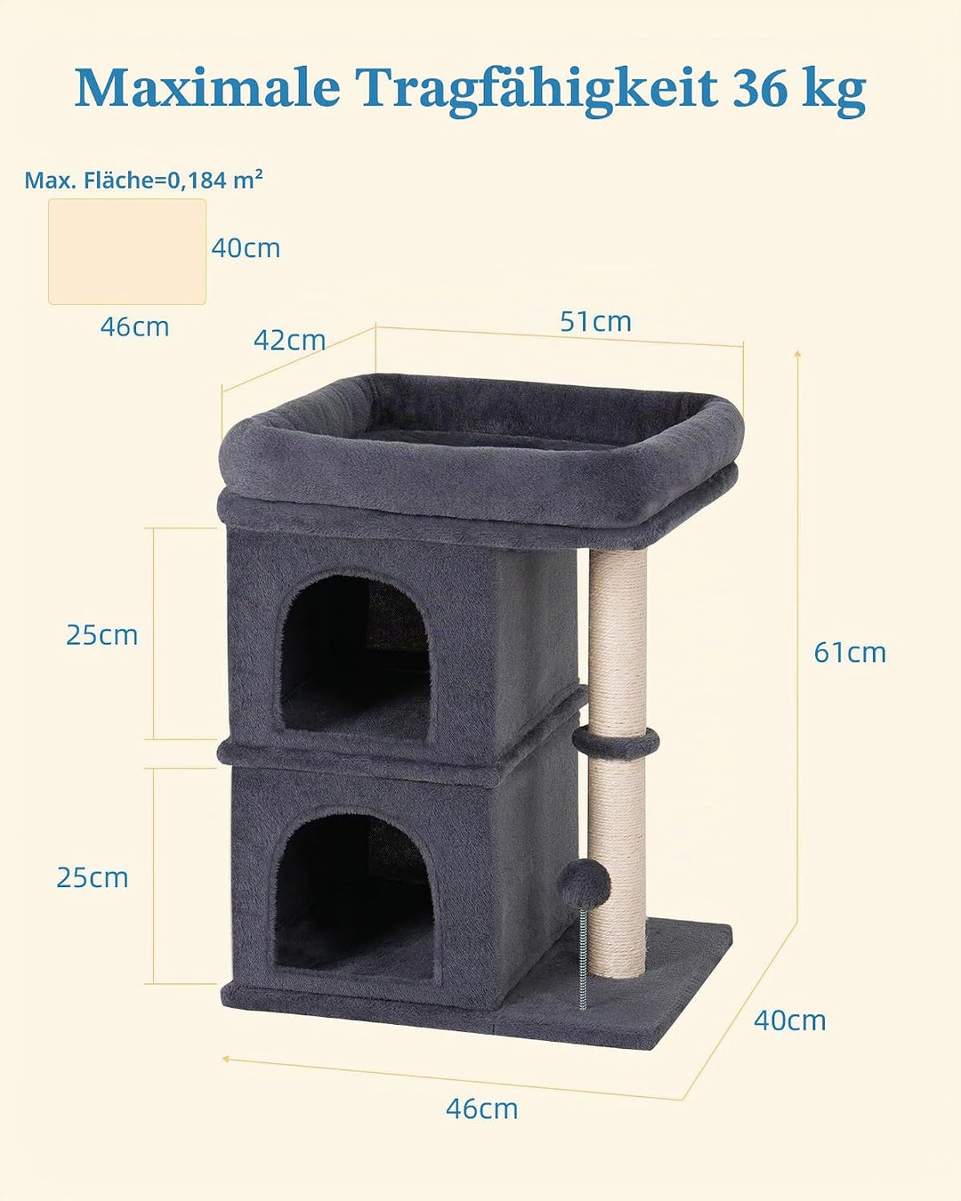 61cm Kratzbaum für Grosse Katzen Stabil, 2 Katzenhöhle fur Indoor Klein Katzen, Katzenbaum mit Gross