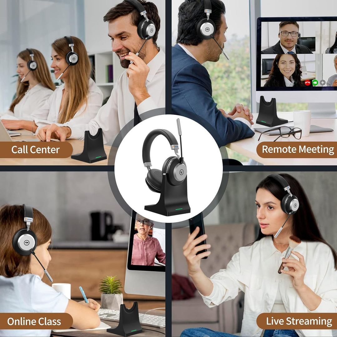 Wantek Wireless Business Headset mit Noise-Cancelling Mikrofon & Ladestation – Bluetooth 5.3 & 2.4GH