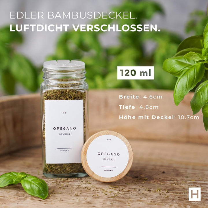 Havenhaus Premium Gewürzgläser Set Bambus | 24 Gewürz Organizer inkl. 336 deutschen Gewürzetiketten