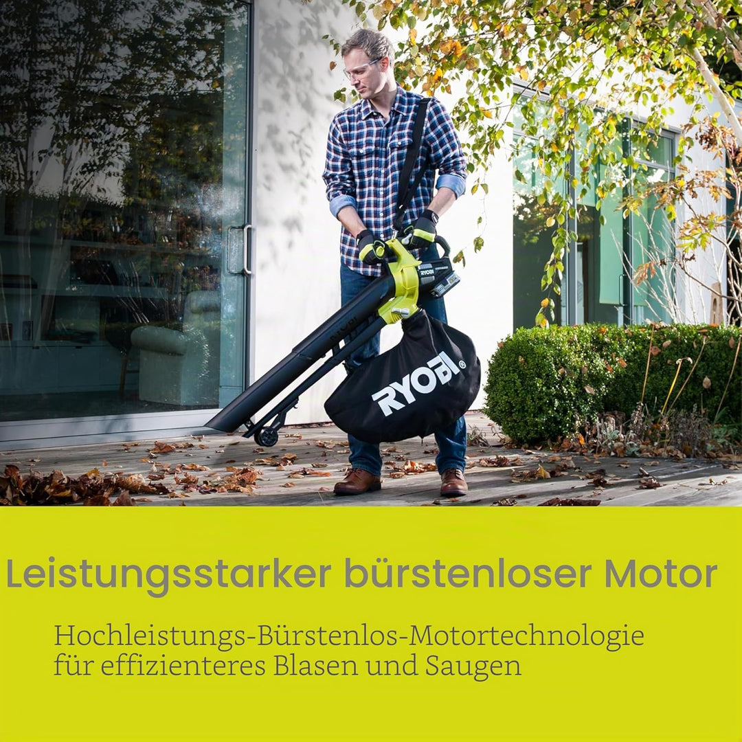 RYOBI 18 V ONE+ Brushless Akku-Laubsauger und Laubgebläse OBV18 (Luftmenge 6,0 m³/min, Luftgeschwind